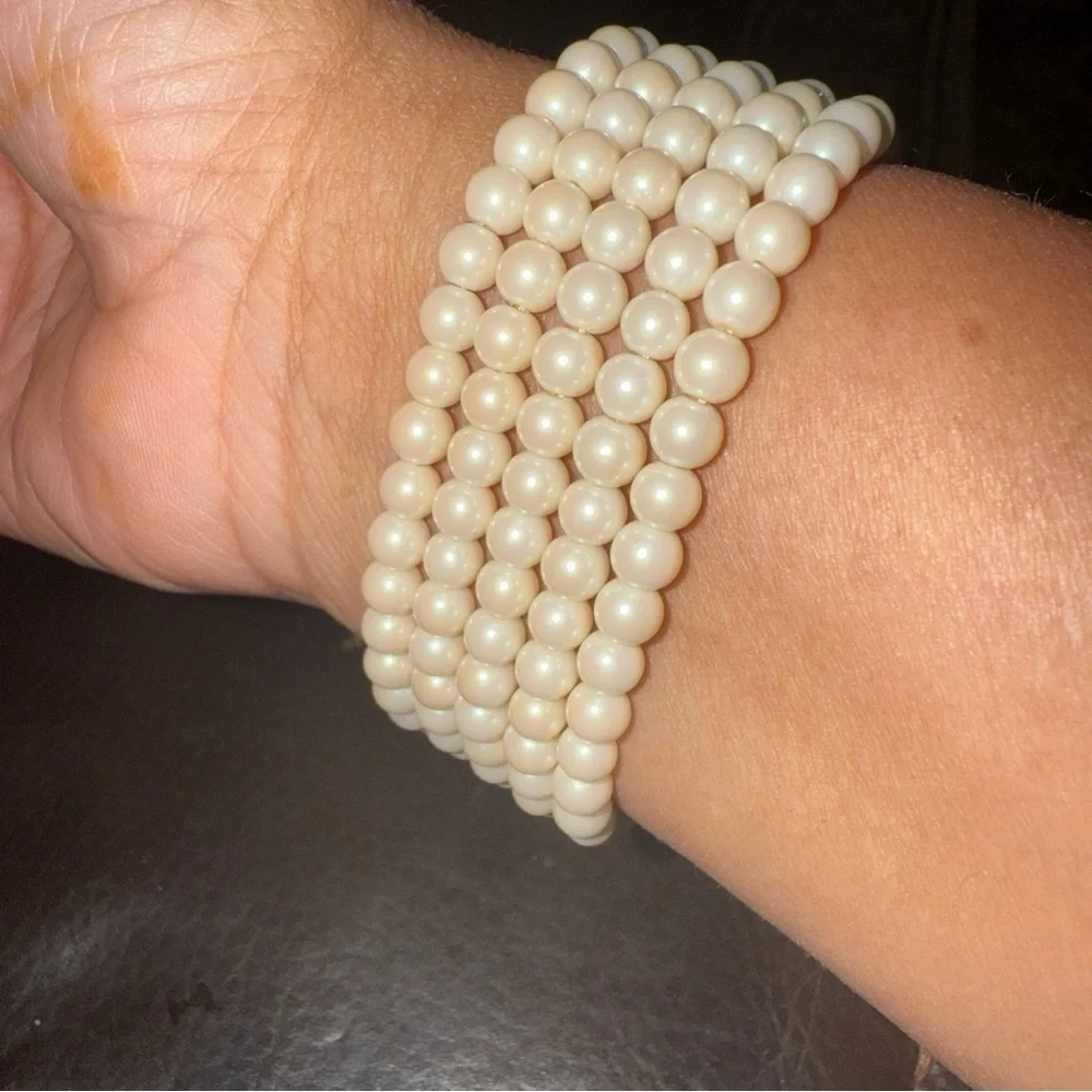 Carolee 5 Stranded Tiny Faux Pearl & Stone Stretch Bracelet- Silver Tone